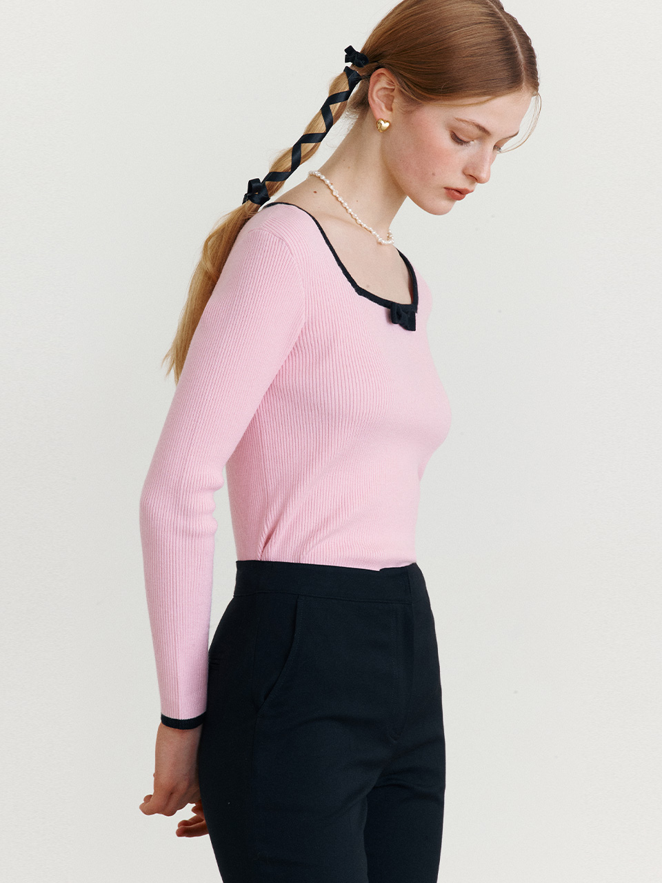 RIBBON SQUARE NECK KNIT PINK