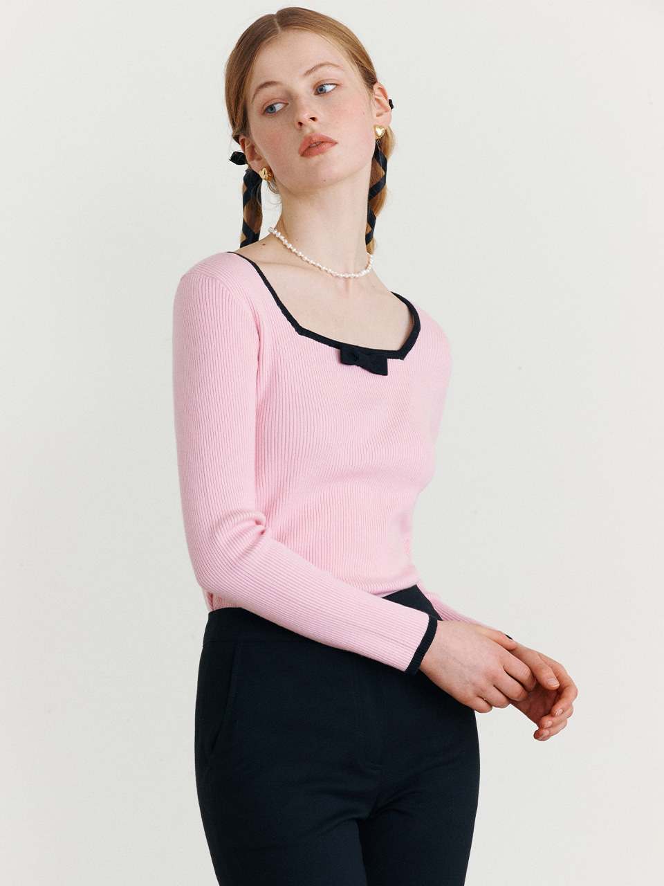RIBBON SQUARE NECK KNIT PINK