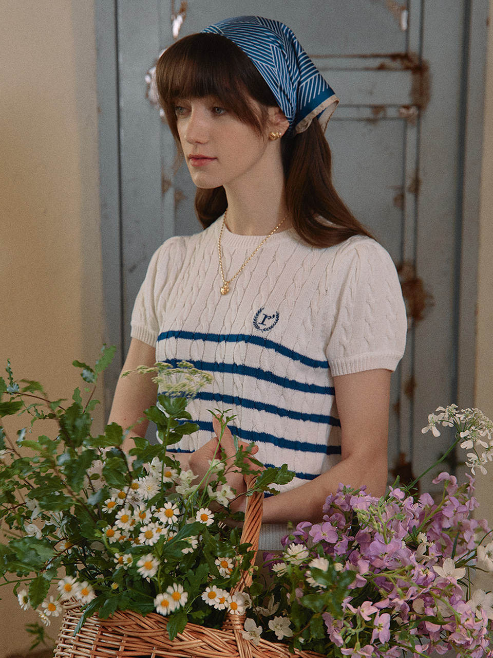 CABLE HALF KNIT PULLOVER WH+BL