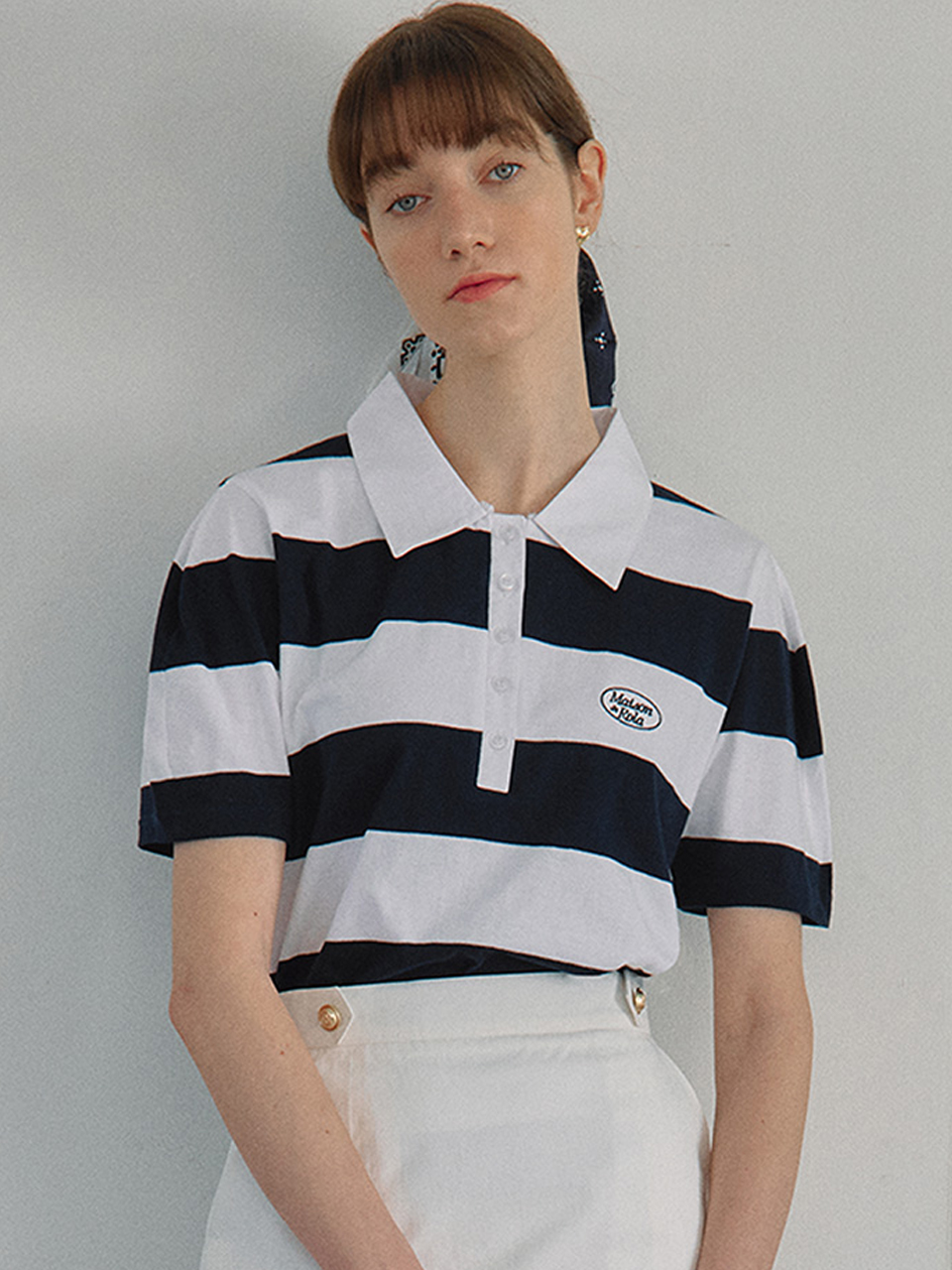 STRIPE RUGBY HALF T-SHIRT WH+NV