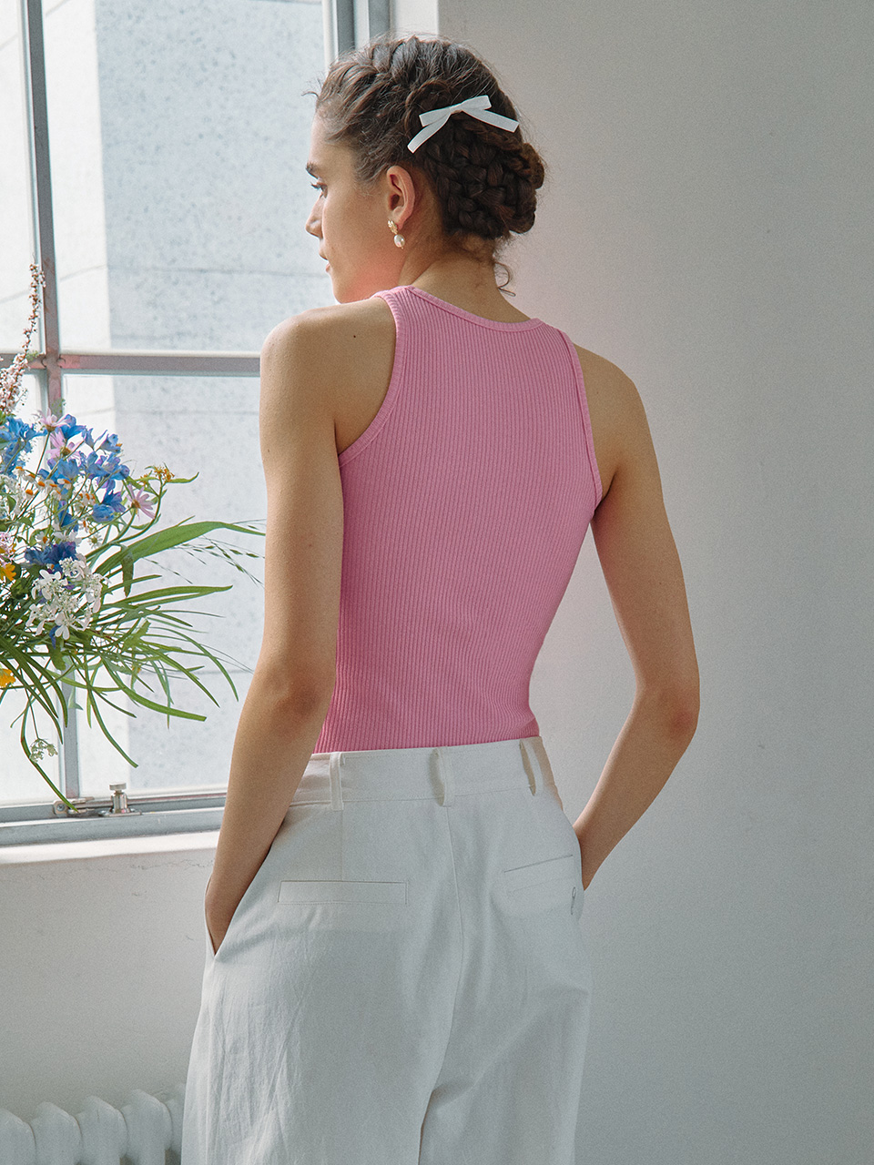 RIBBED HALTER NECK SLEEVELESS PINK