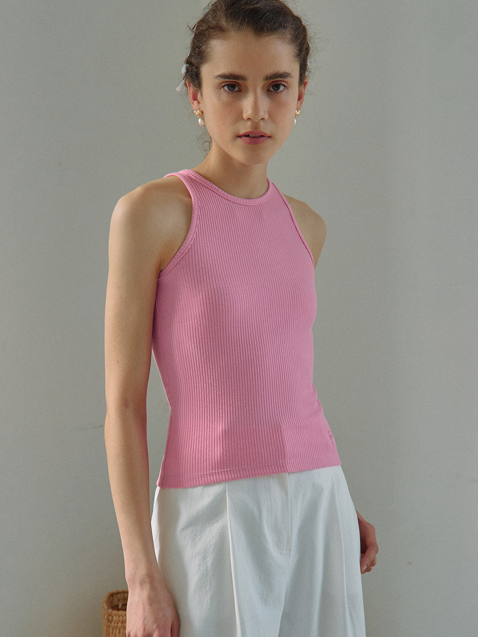 RIBBED HALTER NECK SLEEVELESS PINK