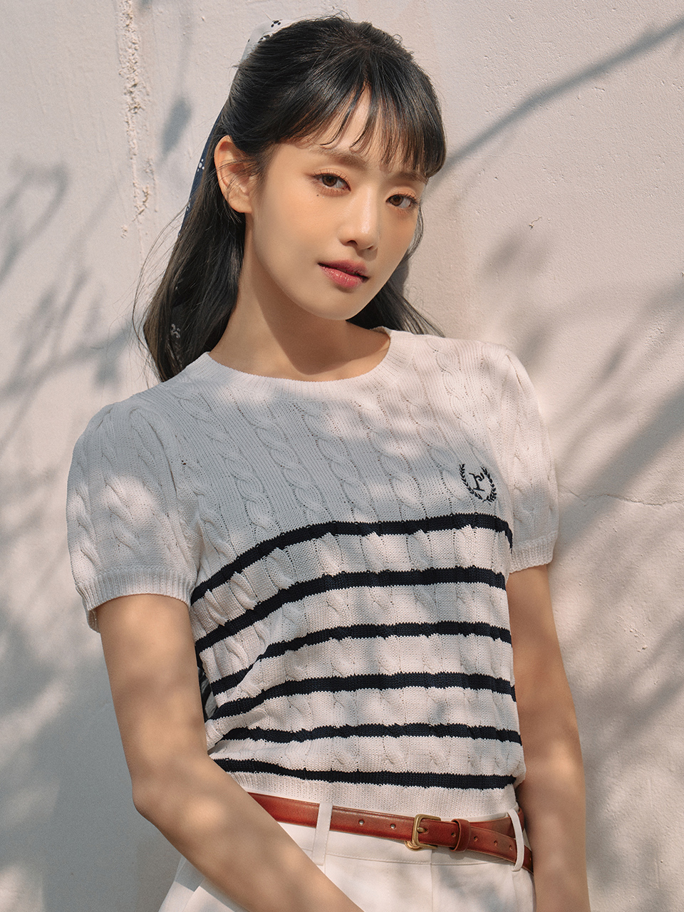 CABLE HALF KNIT PULLOVER WH+NV