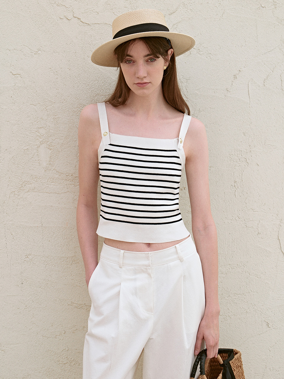 STRIPE KNIT SLEEVELESS WH+BK