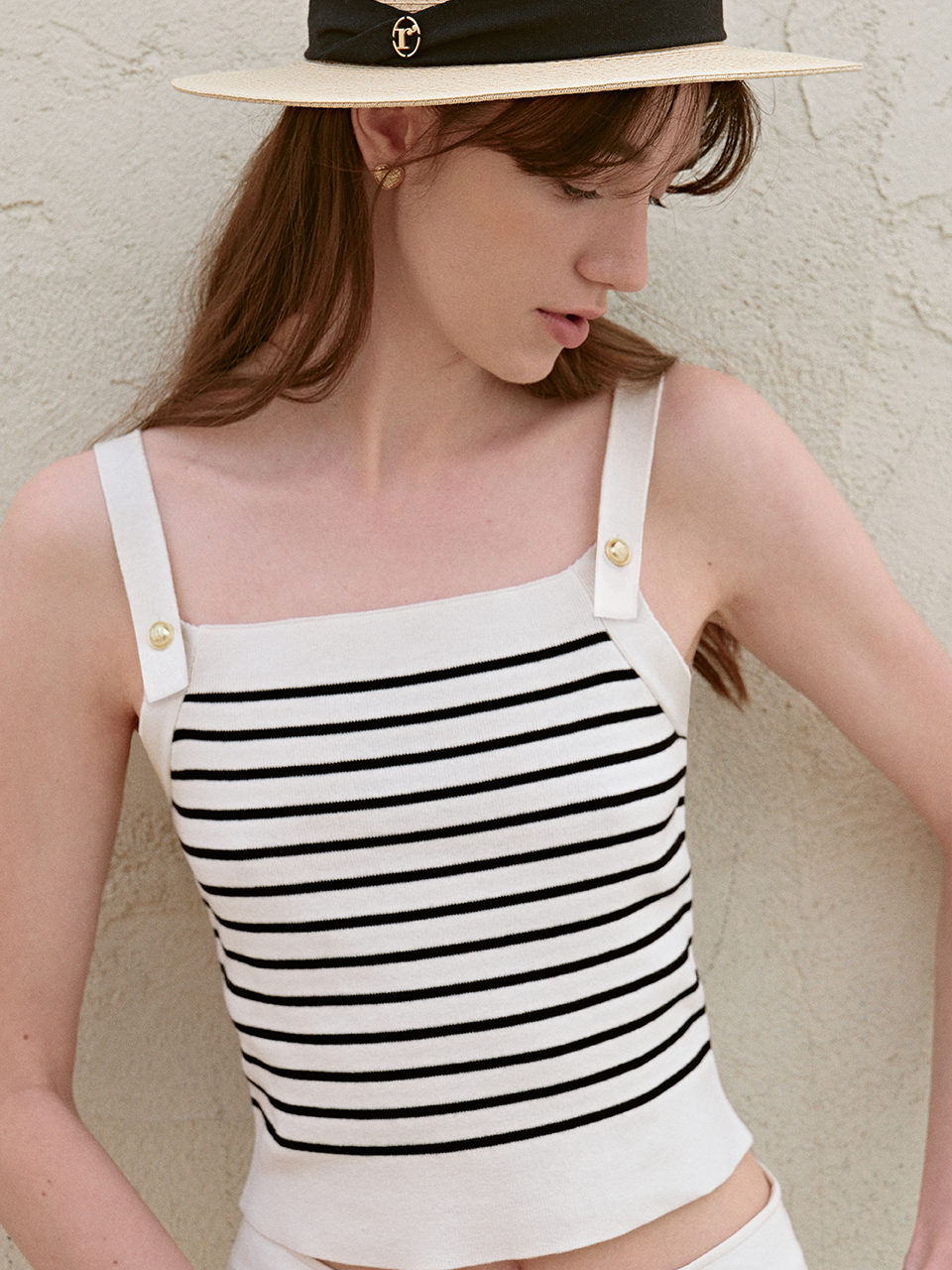 STRIPE KNIT SLEEVELESS WH+BK