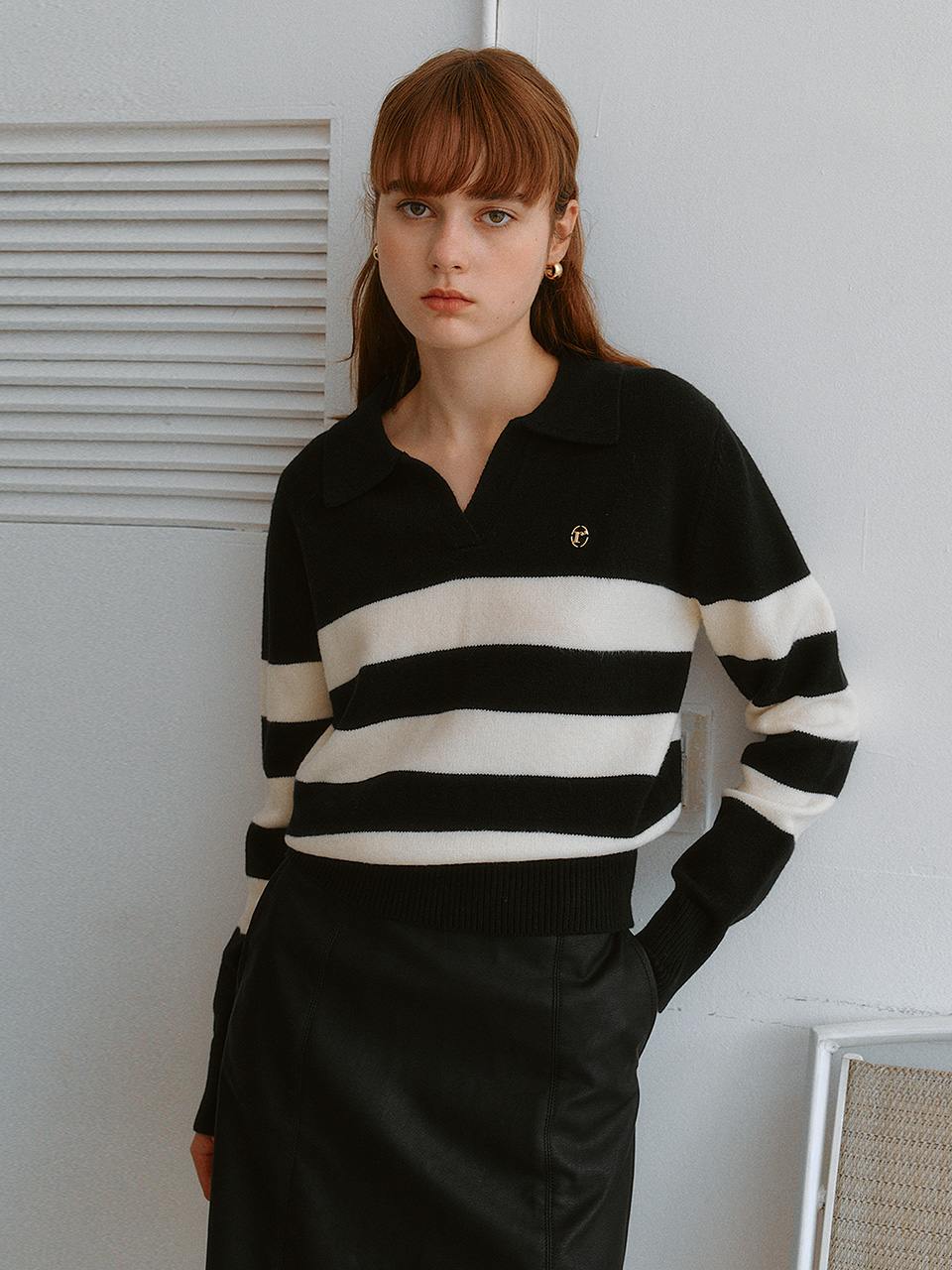 COLLAR LOGO STRIPE KNIT BLACK