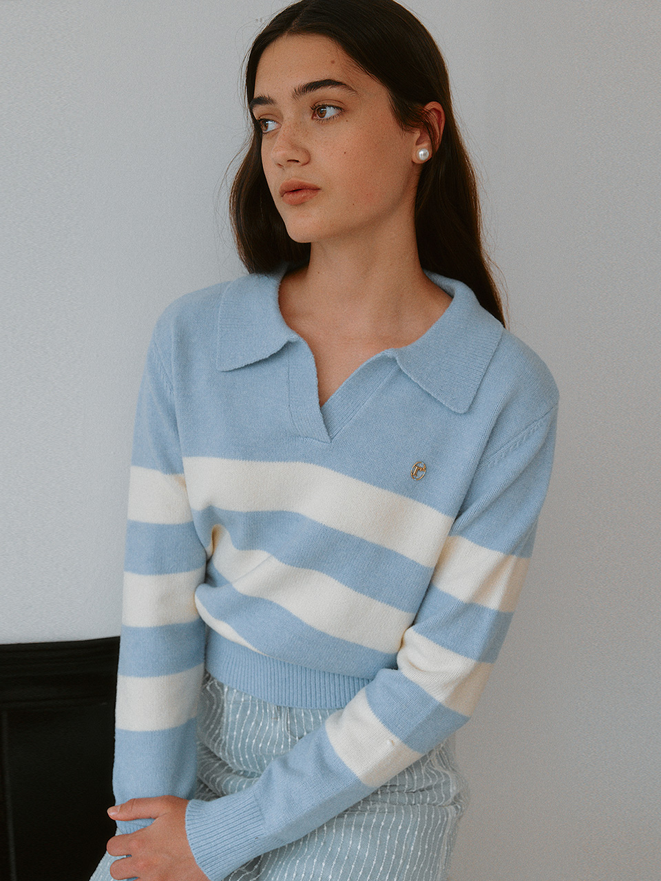 COLLAR LOGO STRIPE KNIT BLUE