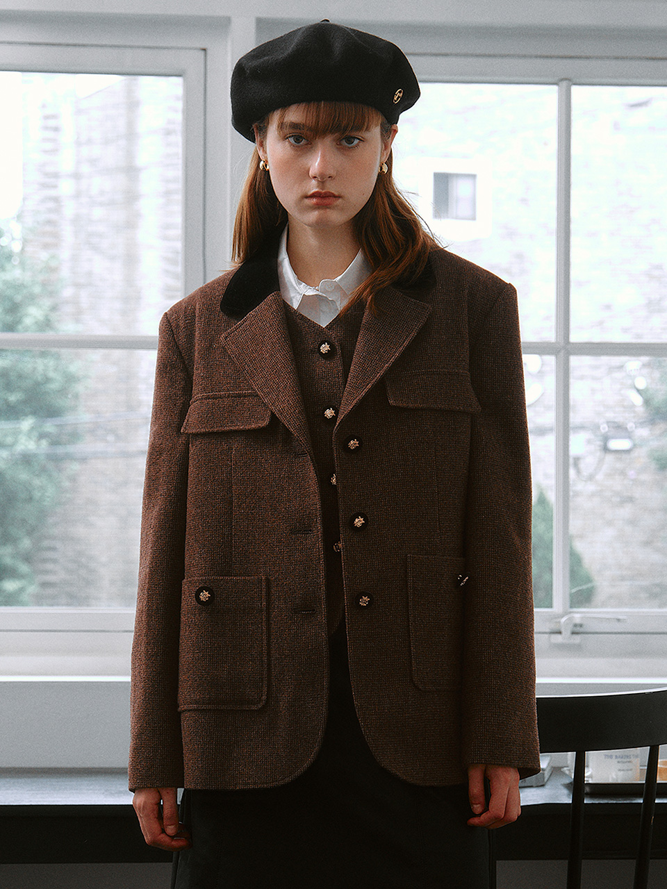 WOOL BLENDED COLLAR JACKET BROWN