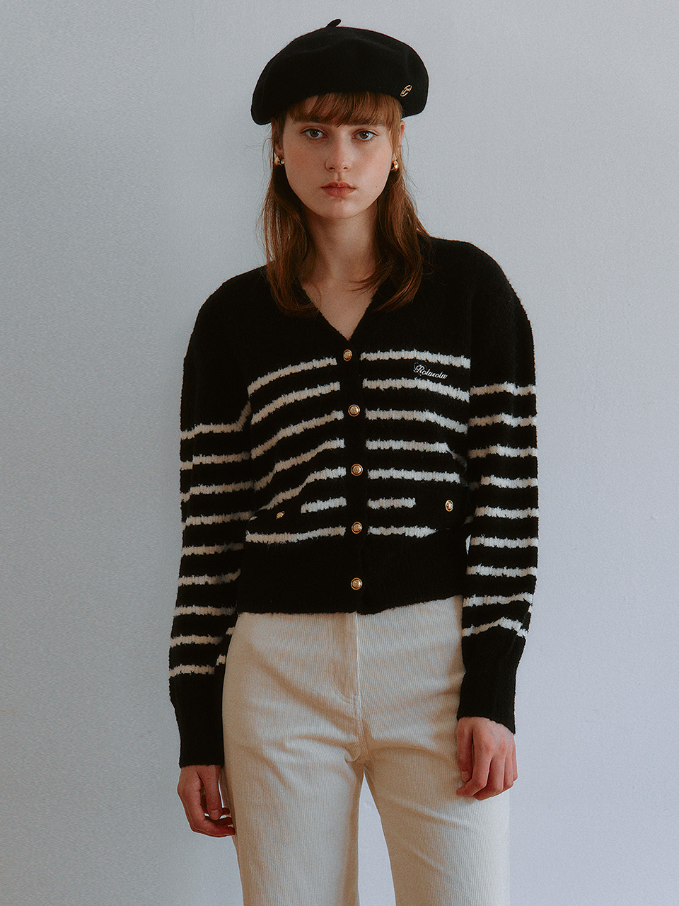 WOOL BLENDED STRIPE CARDIGAN BLACK