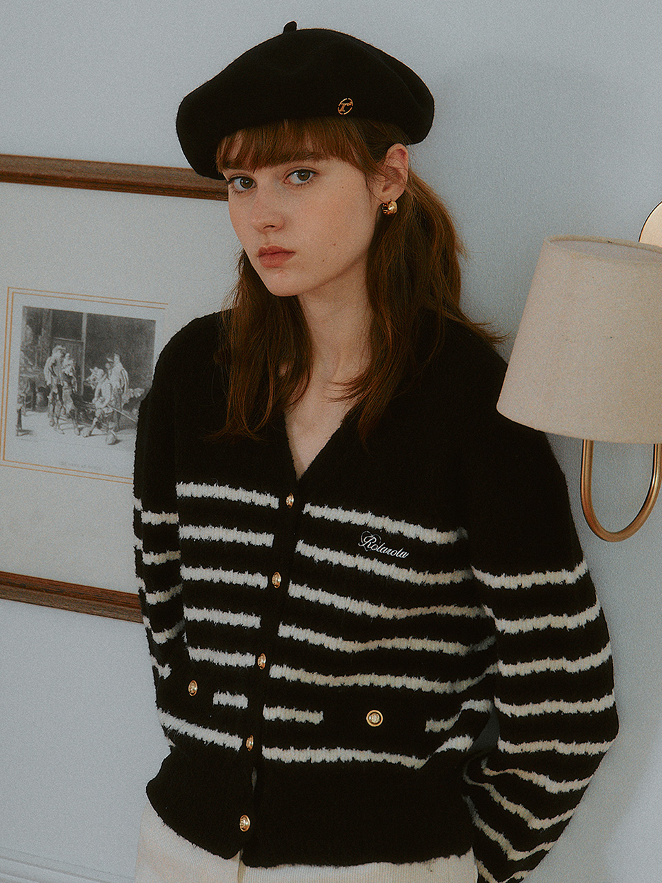 WOOL BLENDED STRIPE CARDIGAN BLACK