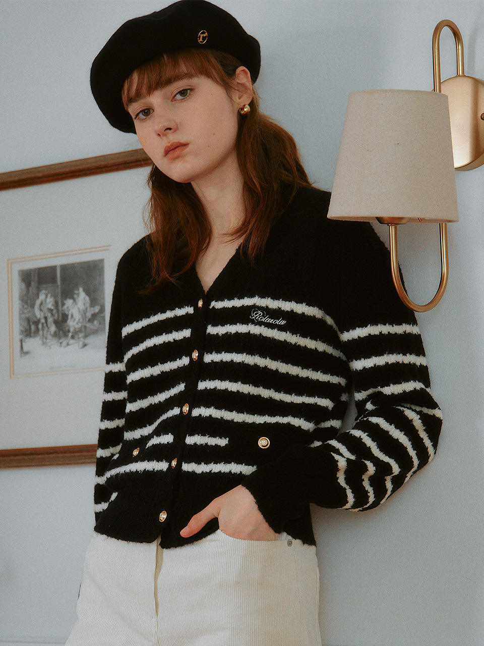 WOOL BLENDED STRIPE CARDIGAN BLACK