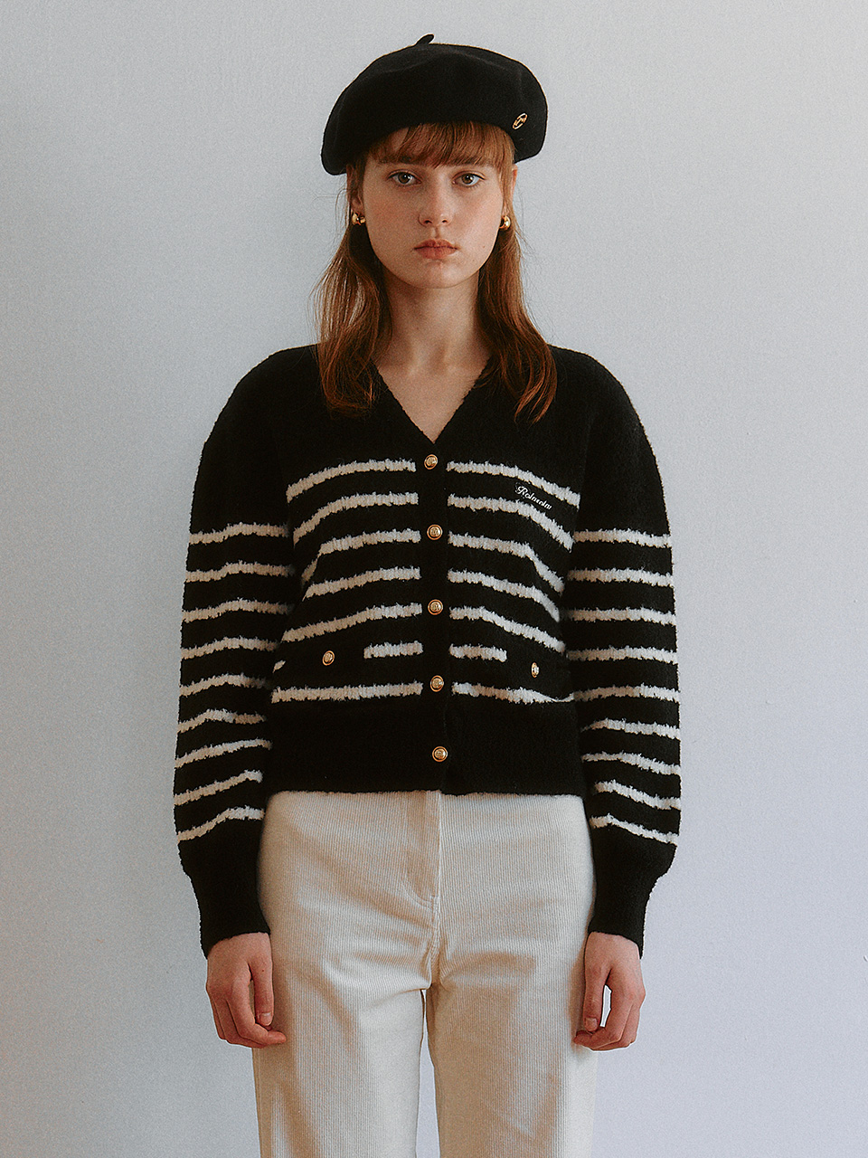 WOOL BLENDED STRIPE CARDIGAN BLACK
