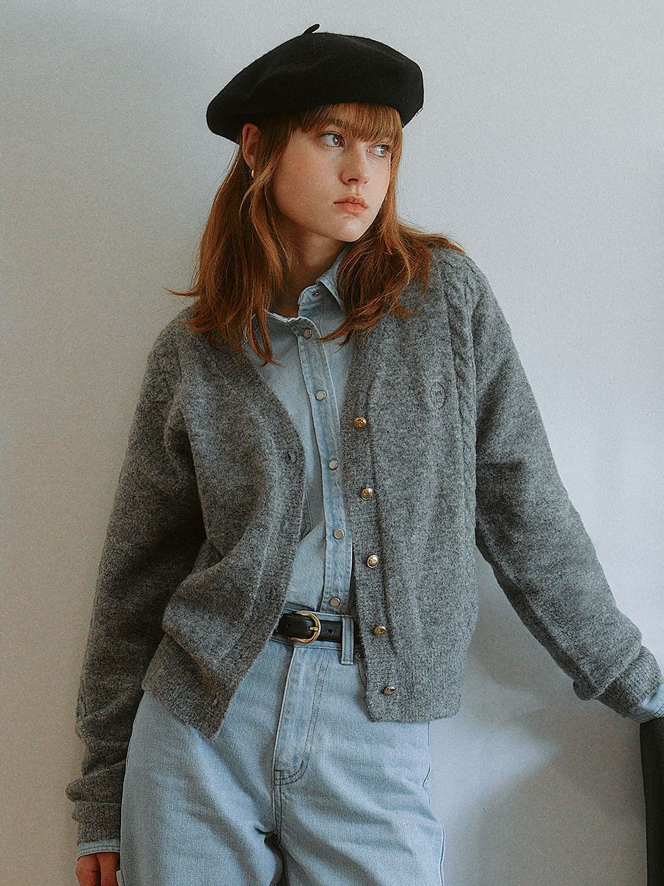 CABLE LINE V NECK CARDIGAN GRAY