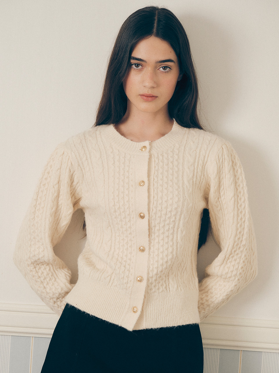 WOOL BLENDED PUFF SLEEVE CARDIGAN IVORY