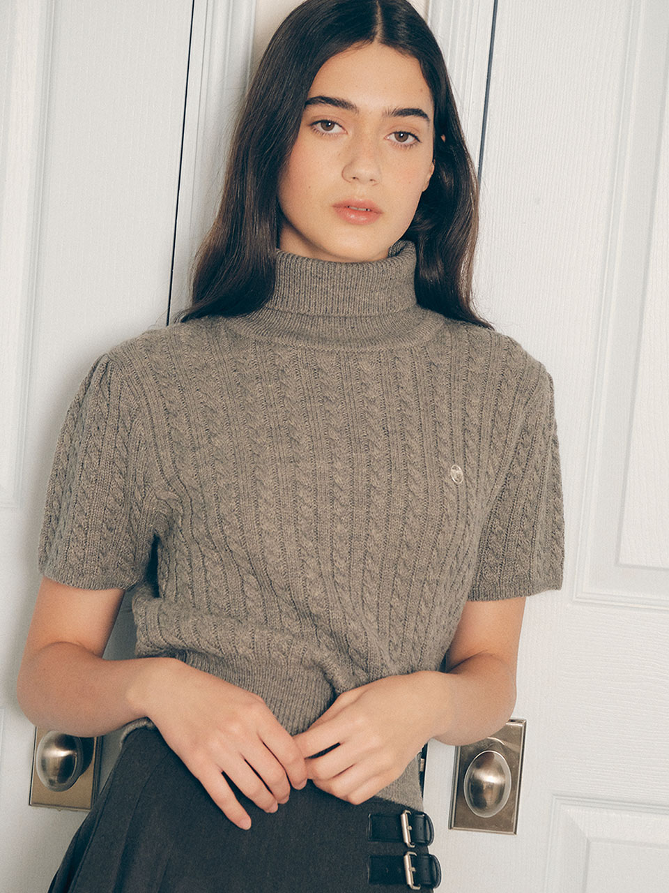 WOOL CABLE HALF SLEEVE KNIT GRAY