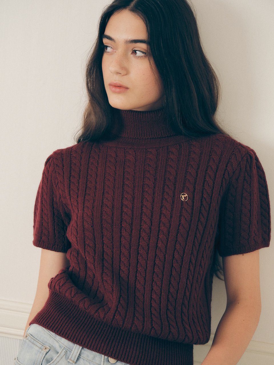 WOOL CABLE HALF SLEEVE KNIT BURGUNDY