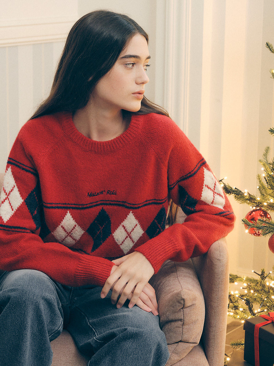 ARGYLE KNIT PULLOVER RED
