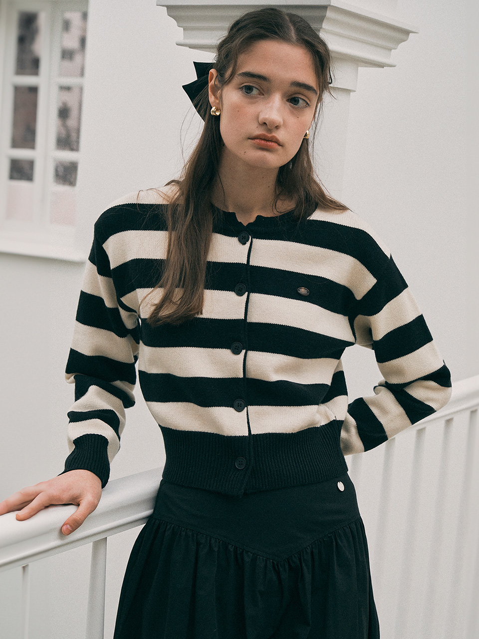 STRIPE KNIT CARDIGAN BK+IV