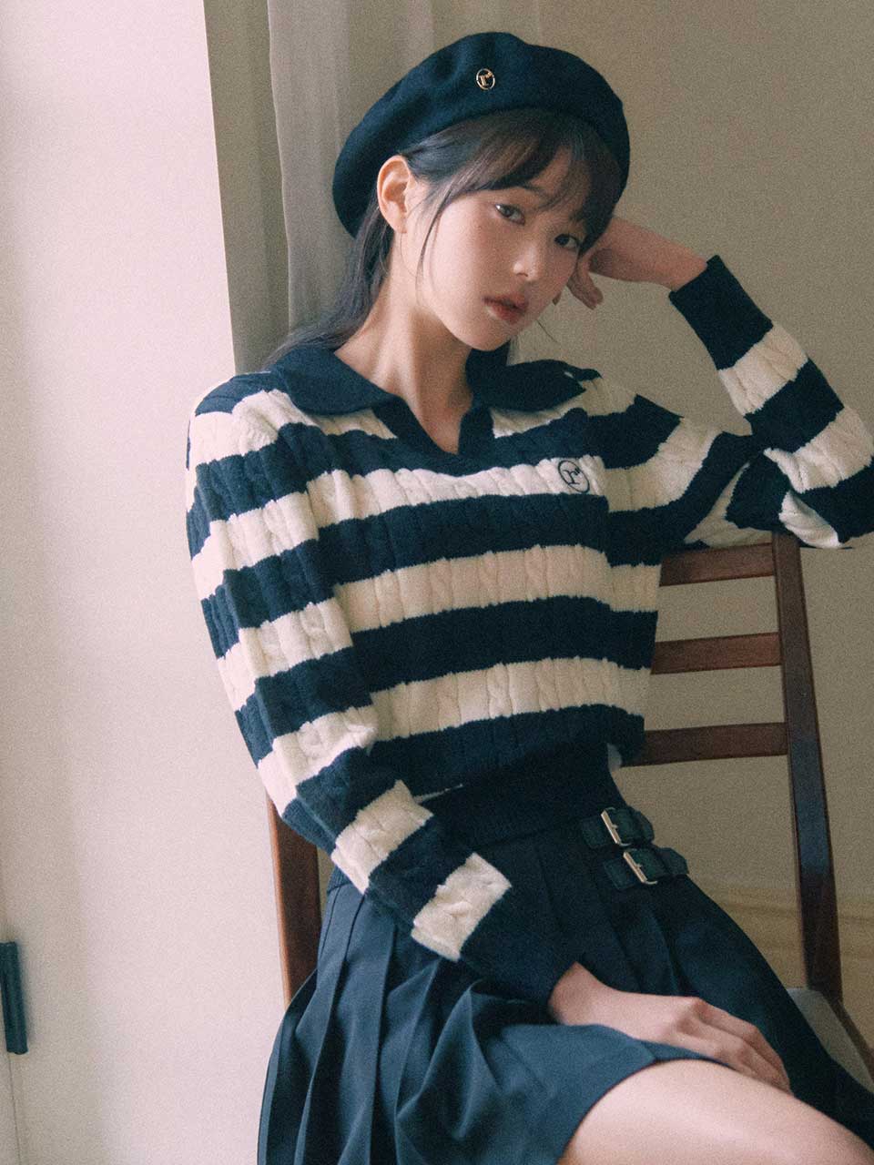 COLLAR STRIPE BOARDER KNIT WH+BK