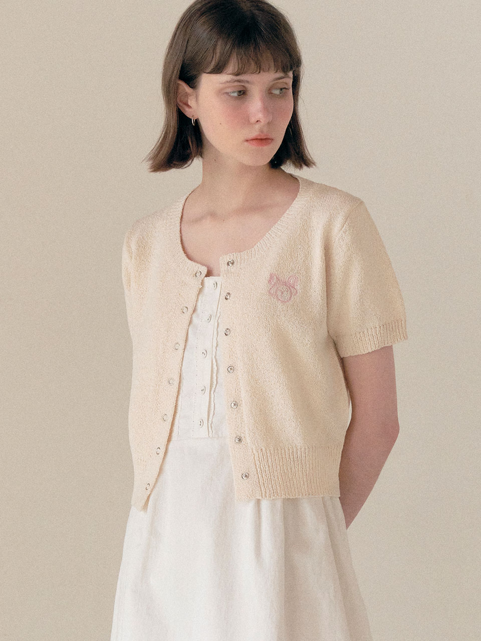 HALF SLEEVE BUTTON CARDIGAN IVORY