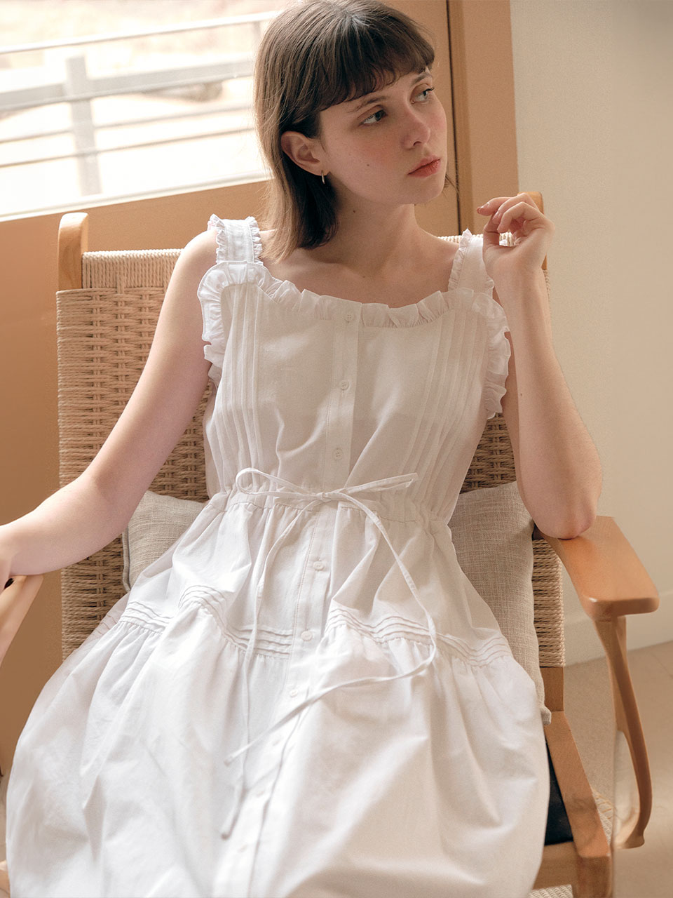 FRILL LONG SLEEVELESS ONEPIECE WHITE