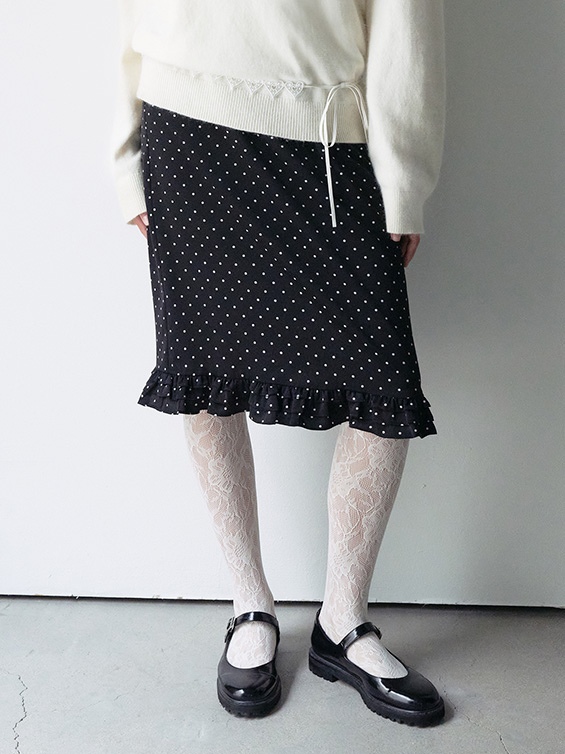 DOT FRILL MIDI SKIRT BLACK