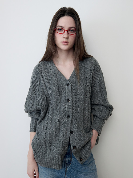 V NECK CABLE LOOSE FIT CARDIGAN CHARCOAL