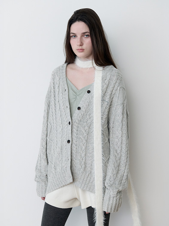 V NECK CABLE LOOSE FIT CARDIGAN GRAY
