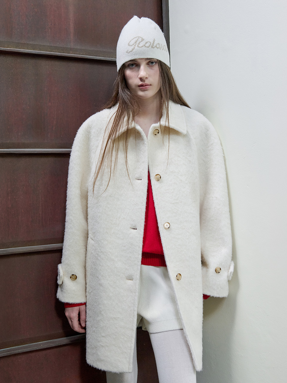 WOOL HALF BUTTON COAT IVORY