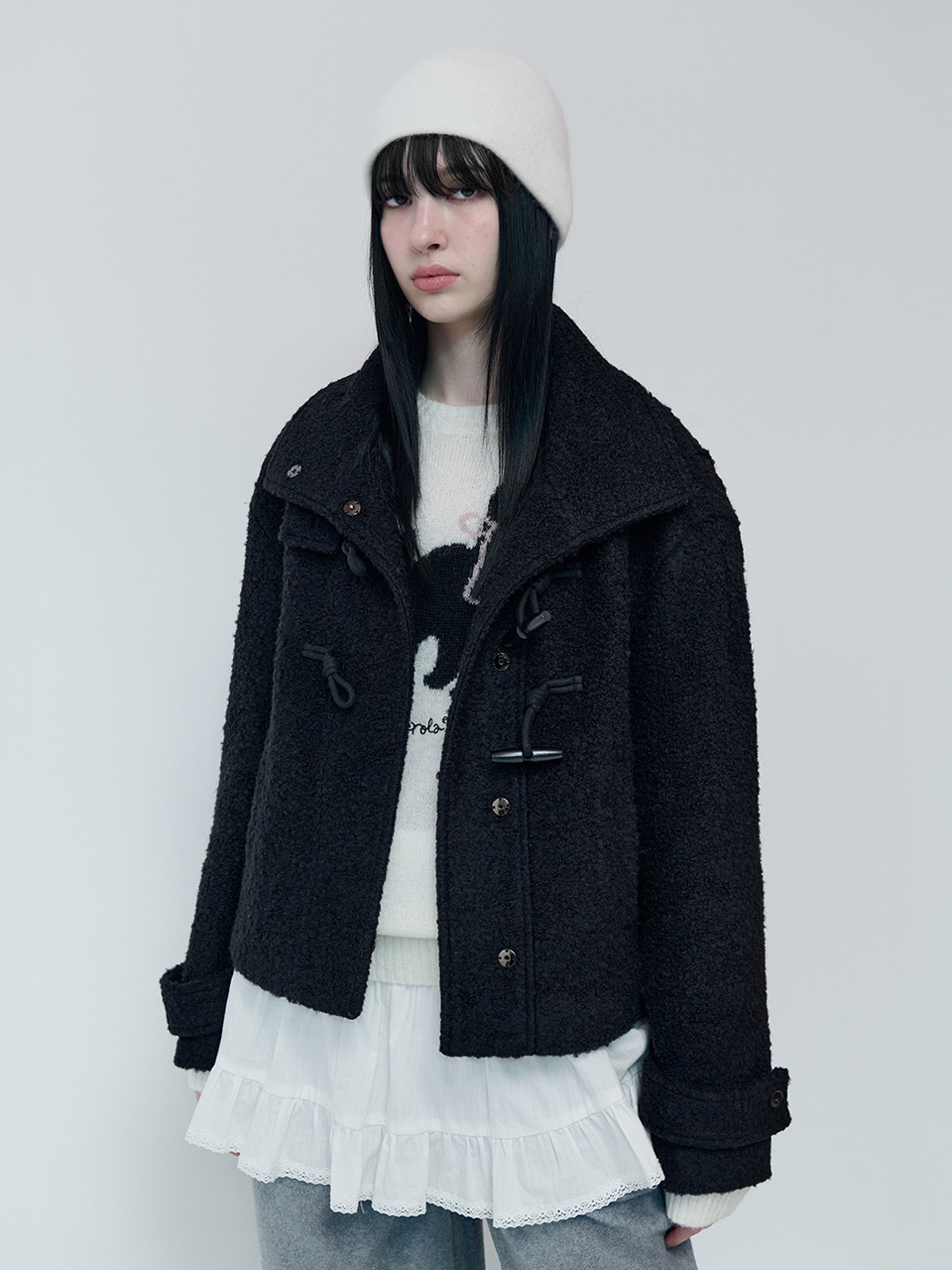 HIGH NECK DUFFLE SHORT COAT BLACK