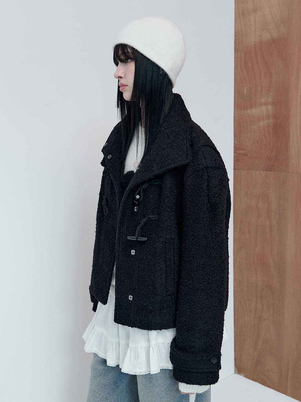 HIGH NECK DUFFLE SHORT COAT BLACK