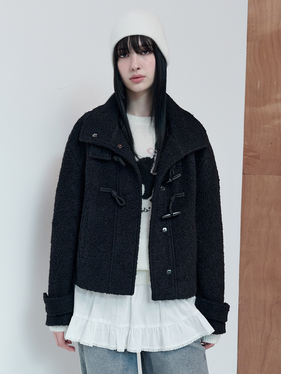 HIGH NECK DUFFLE SHORT COAT BLACK