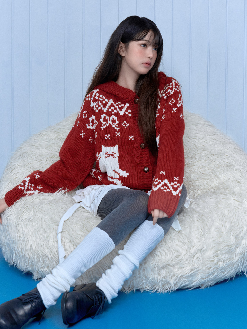 CAT JACQUARD HOODIE CARDIGAN RED 