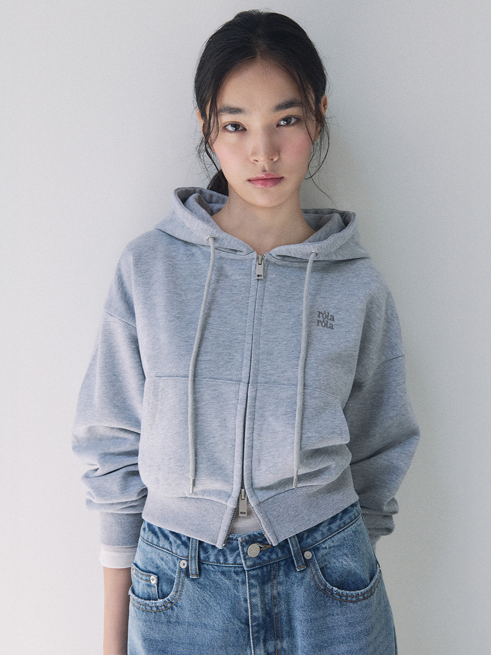 NUBASIC CROP HOODED ZIP-UP MELANGE GRAY