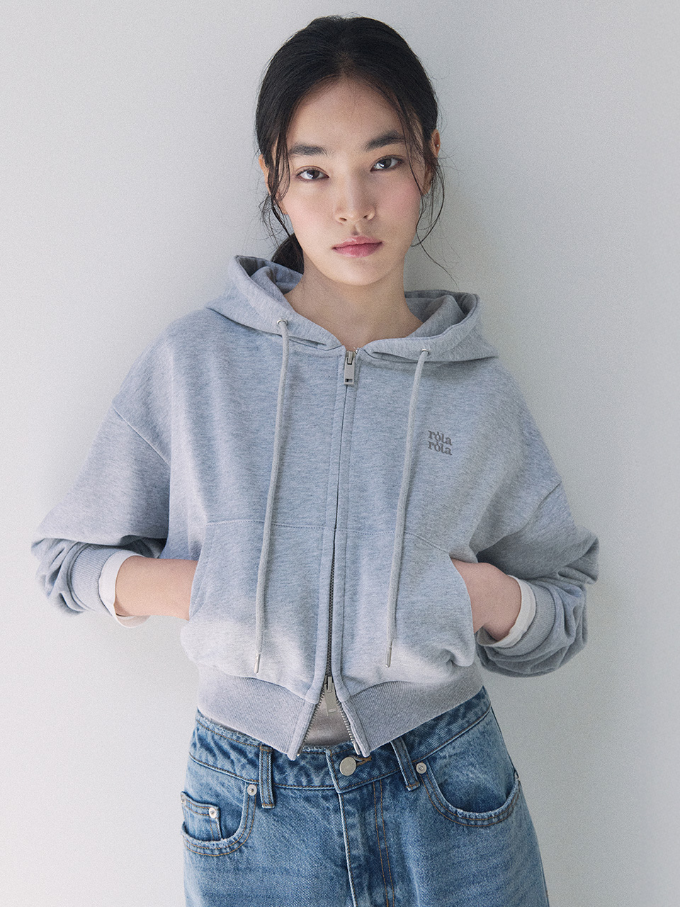 NUBASIC CROP HOODED ZIP-UP MELANGE GRAY