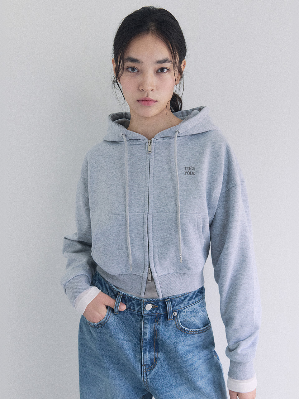 NUBASIC CROP HOODED ZIP-UP MELANGE GRAY