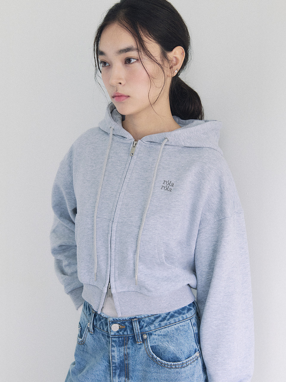 NUBASIC CROP HOODED ZIP-UP MELANGE GRAY