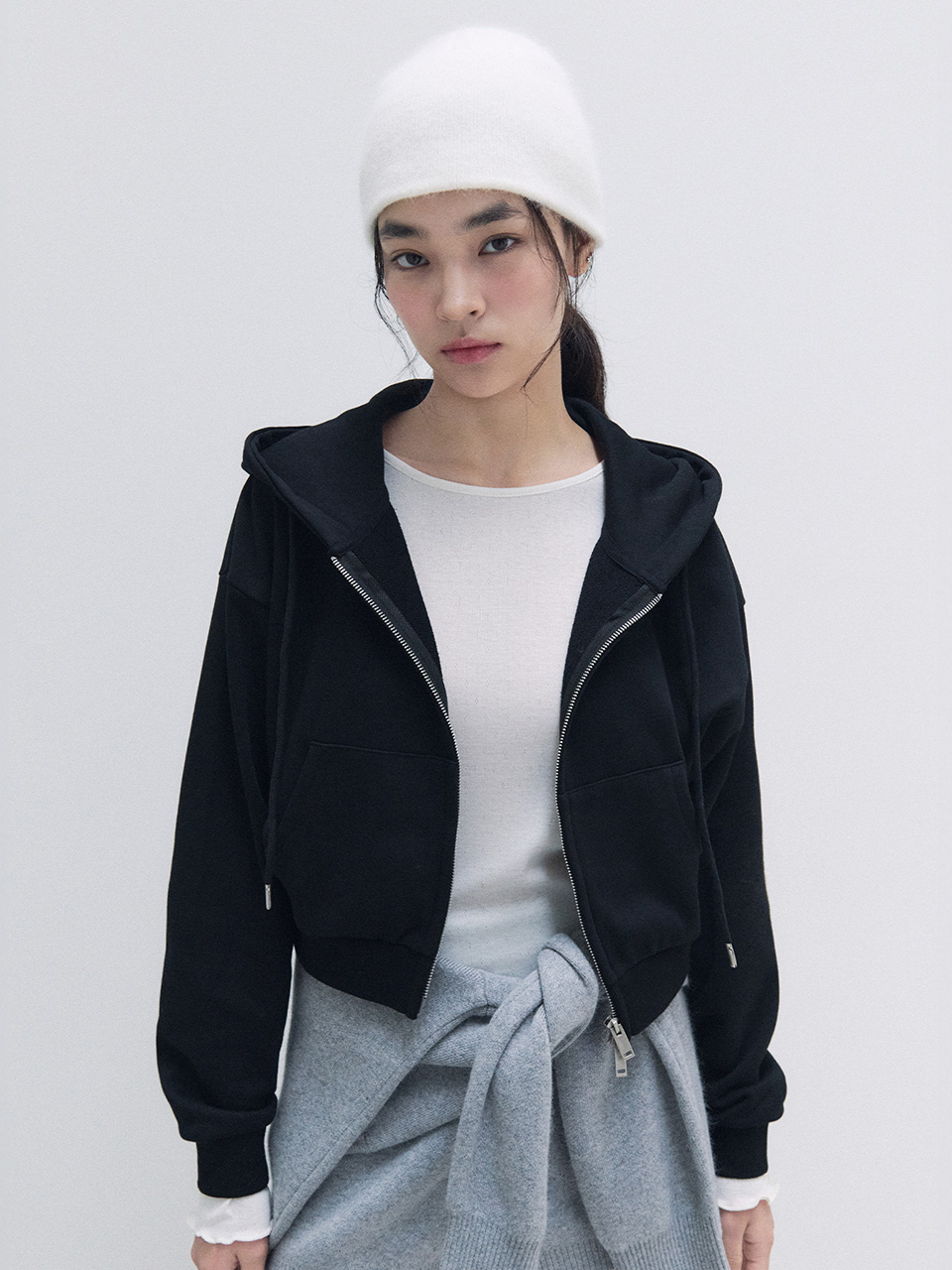 NUBASIC CROP HOODED ZIP-UP BLACK