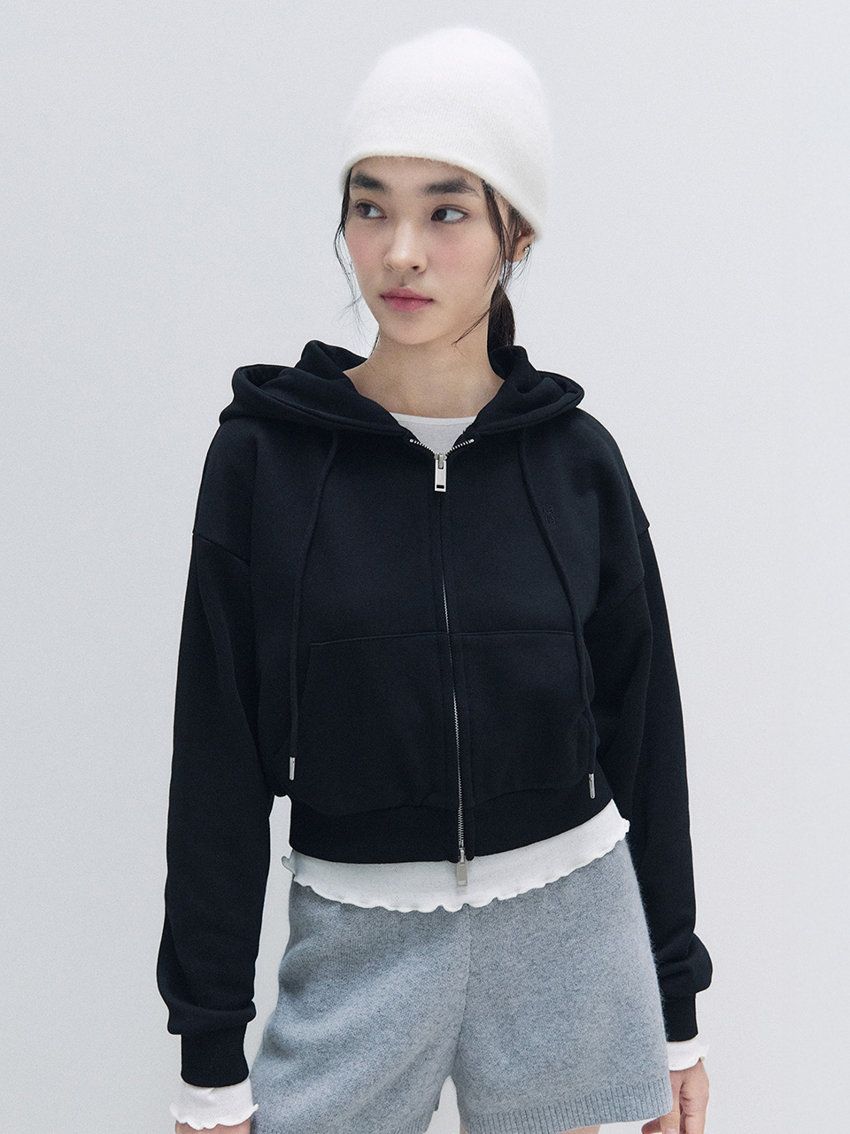 NUBASIC CROP HOODED ZIP-UP BLACK