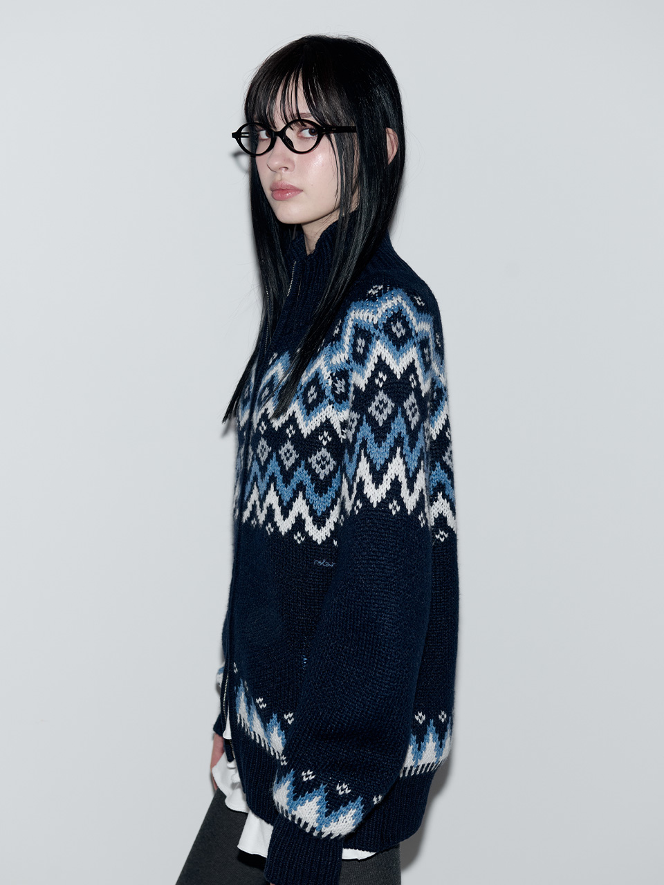NORDIC JACQUARD TWOWAY ZIP-UP KNIT NAVY