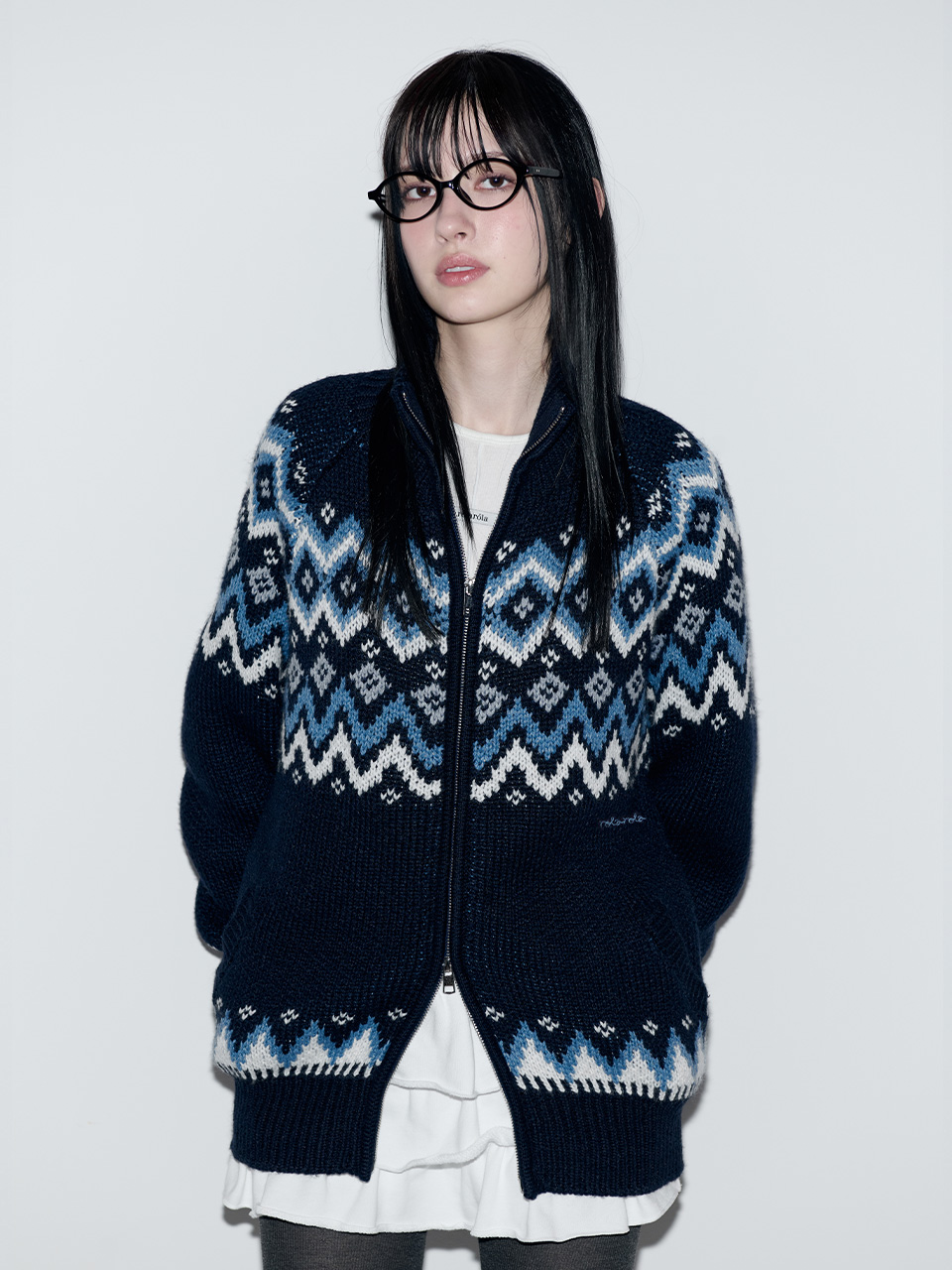 NORDIC JACQUARD TWOWAY ZIP-UP KNIT NAVY