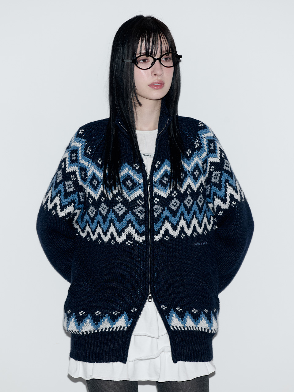 NORDIC JACQUARD TWOWAY ZIP-UP KNIT NAVY