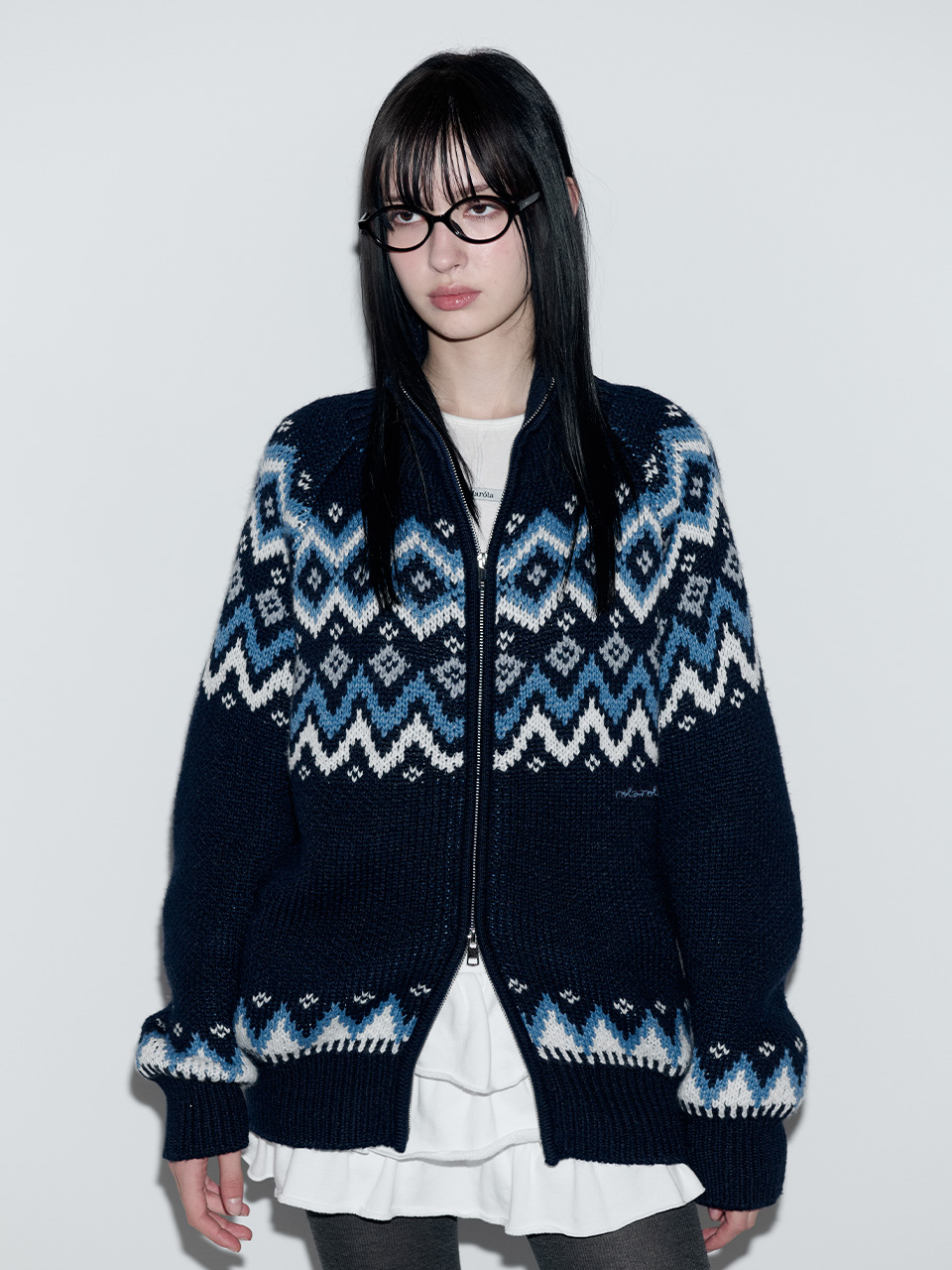 NORDIC JACQUARD TWOWAY ZIP-UP KNIT NAVY