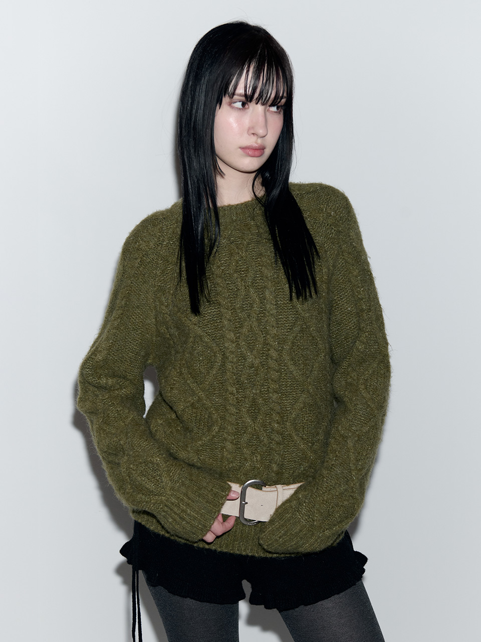 MOHAIR LOOSE FIT CABLE KNIT KHAKI