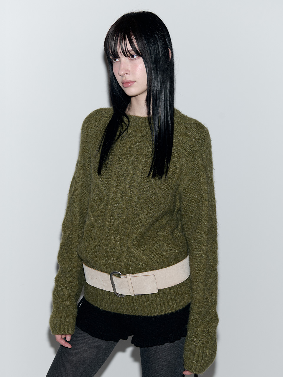 MOHAIR LOOSE FIT CABLE KNIT KHAKI