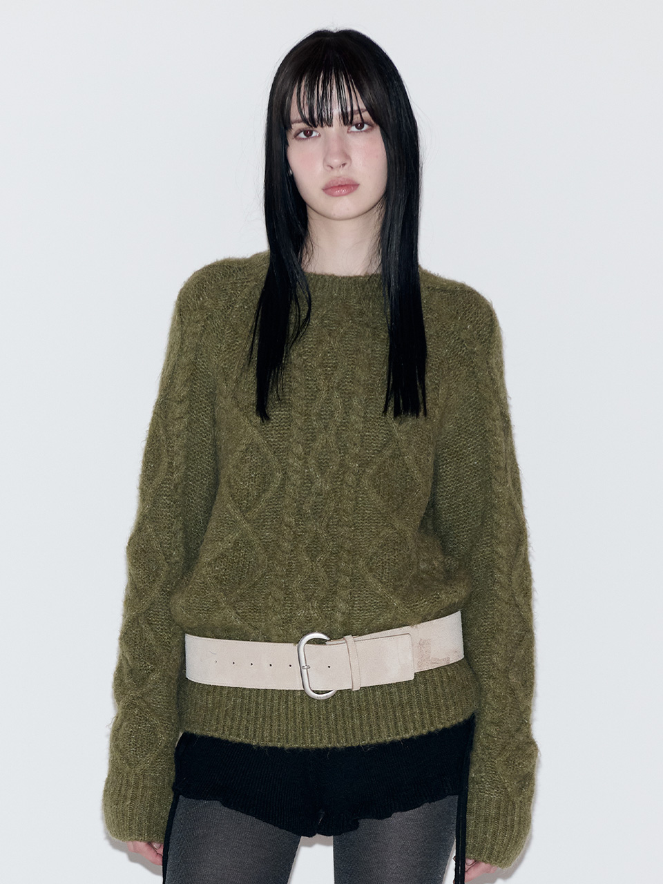 MOHAIR LOOSE FIT CABLE KNIT KHAKI