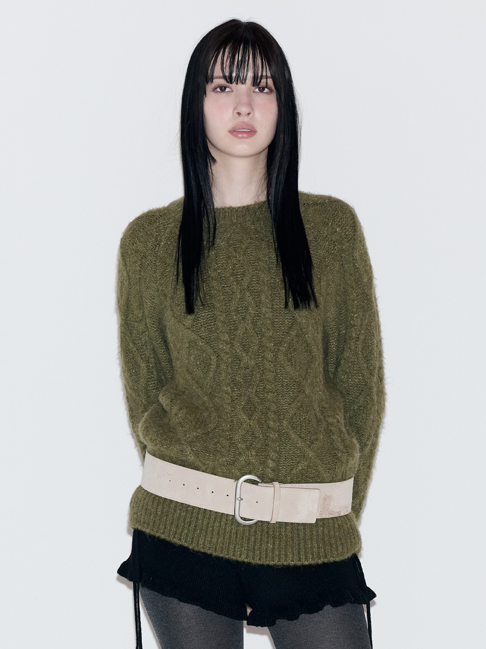 MOHAIR LOOSE FIT CABLE KNIT KHAKI